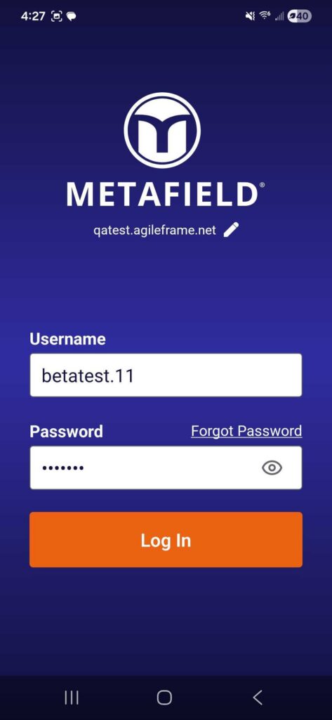 MetaField app login screen asking for username and password